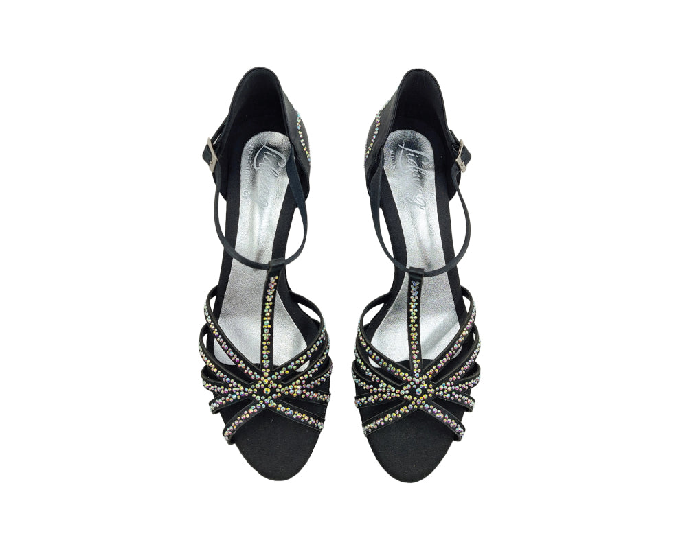 Lidmags L9 Tanzschuhe, schwarze High Heels aus Satin-Strass mit Fesselriemchen, von oben auf weißem Hintergrund betrachtet.